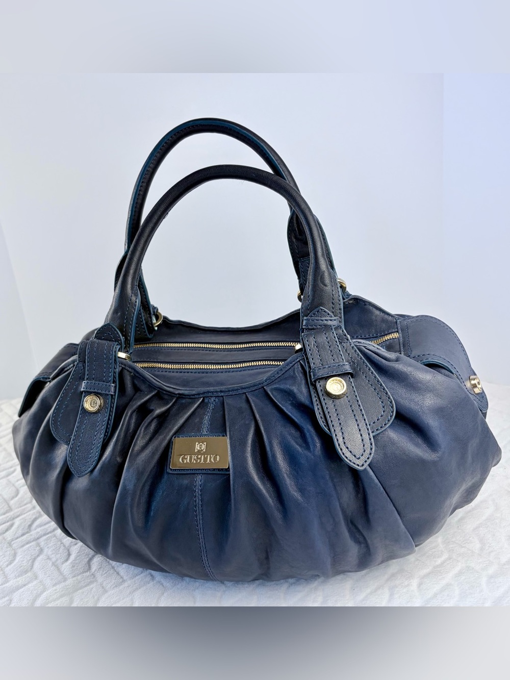 Vintage 2000s Leather Gustto Assolo Satchel Bag Navy Slouchy Y2K boho luxury era